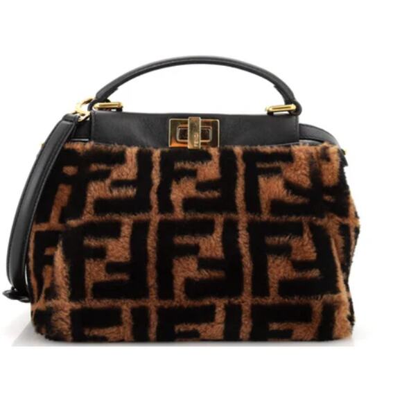 Fendi Mini Shearling Peekaboo Bag Sheepskin Fur Brown/Black FF Zucca Selleria